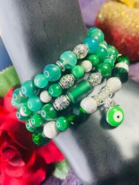 Evil Eye Charm, Green Jade, Jasper, Indian Agate & Pewter Bracelet Set